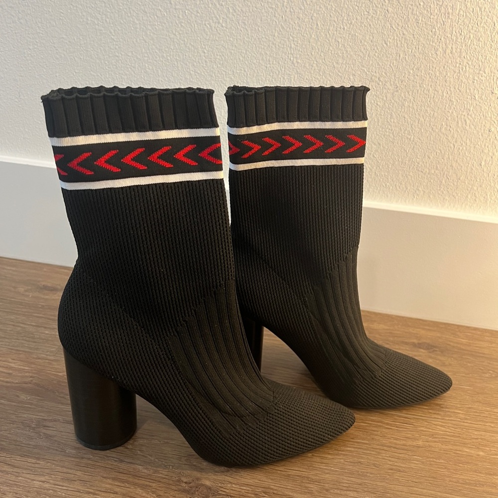 Black Knit Ankle Boots with Red Chevron Detail